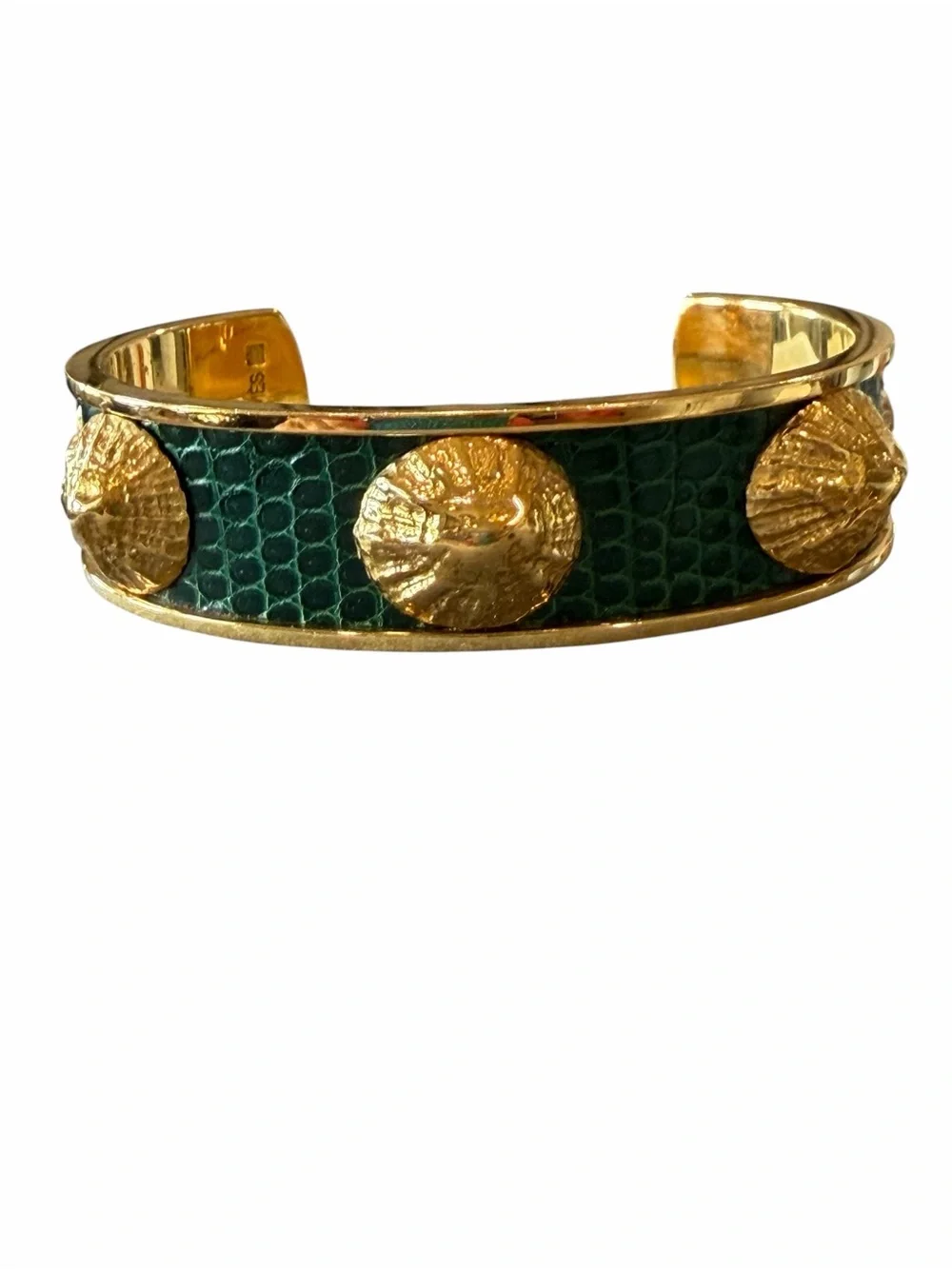 Hermes Gold-Tone Green Lizard-Texture Shell Cuff Bracelet